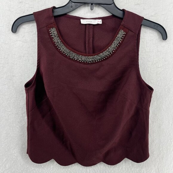 Lush Tops - Lush Cropped Top Women XS Burgundy Beaded Neckline Scalloped Hem Back Sleeveless